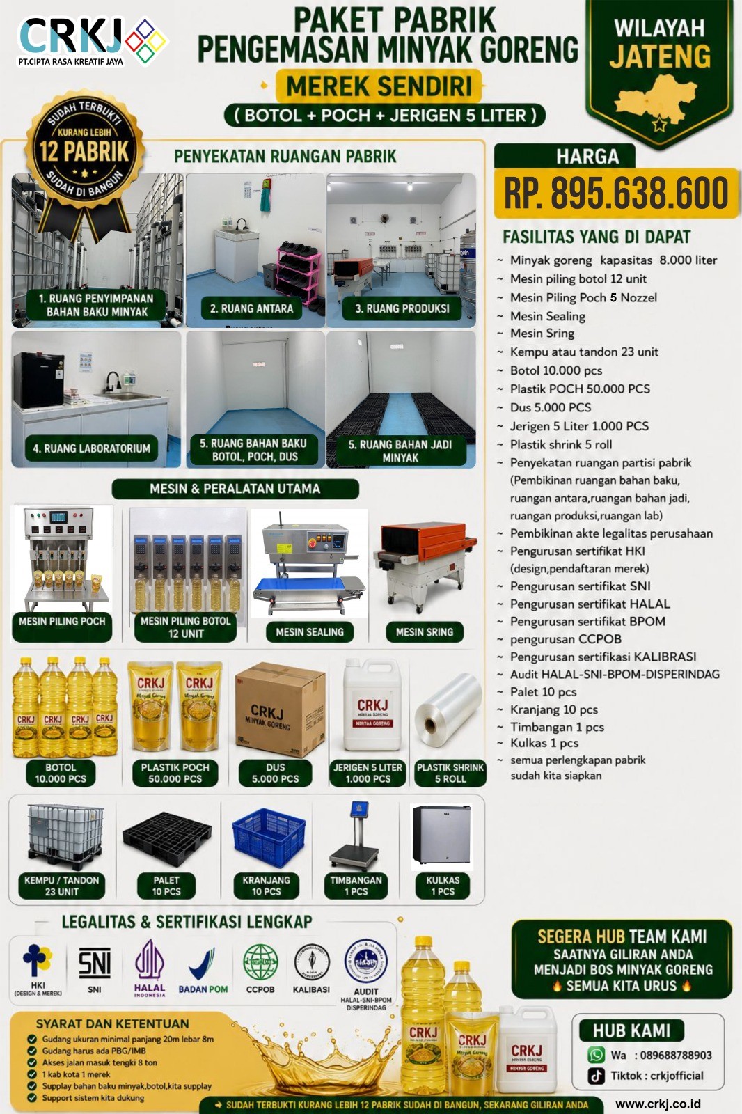 PAKET PABRIK PENGEMASAN MINYAK GORENG MEREK SENDIRI (JENIS BOTOL,POCH,JERIGEN 5 LITER) WILAYAH JATENG