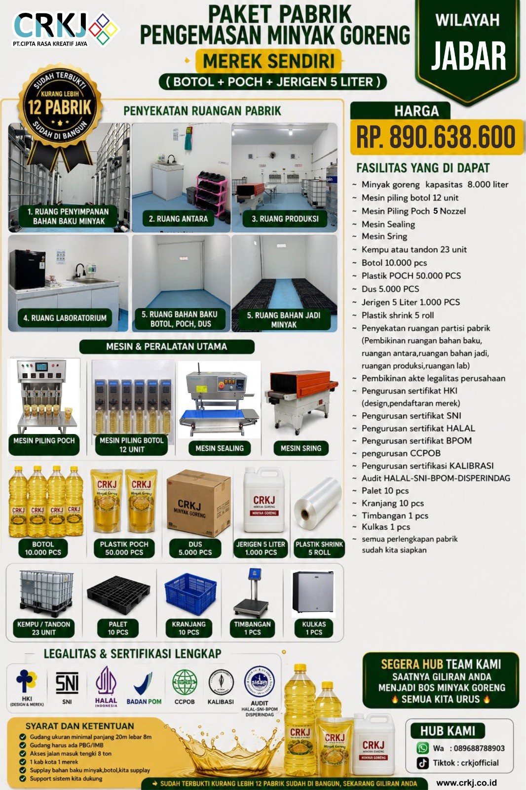 PAKET PABRIK PENGEMASAN MINYAK GORENG MEREK SENDIRI (JENIS BOTOL,POCH,JERIGEN 5 LITER) WILAYAH JABAR