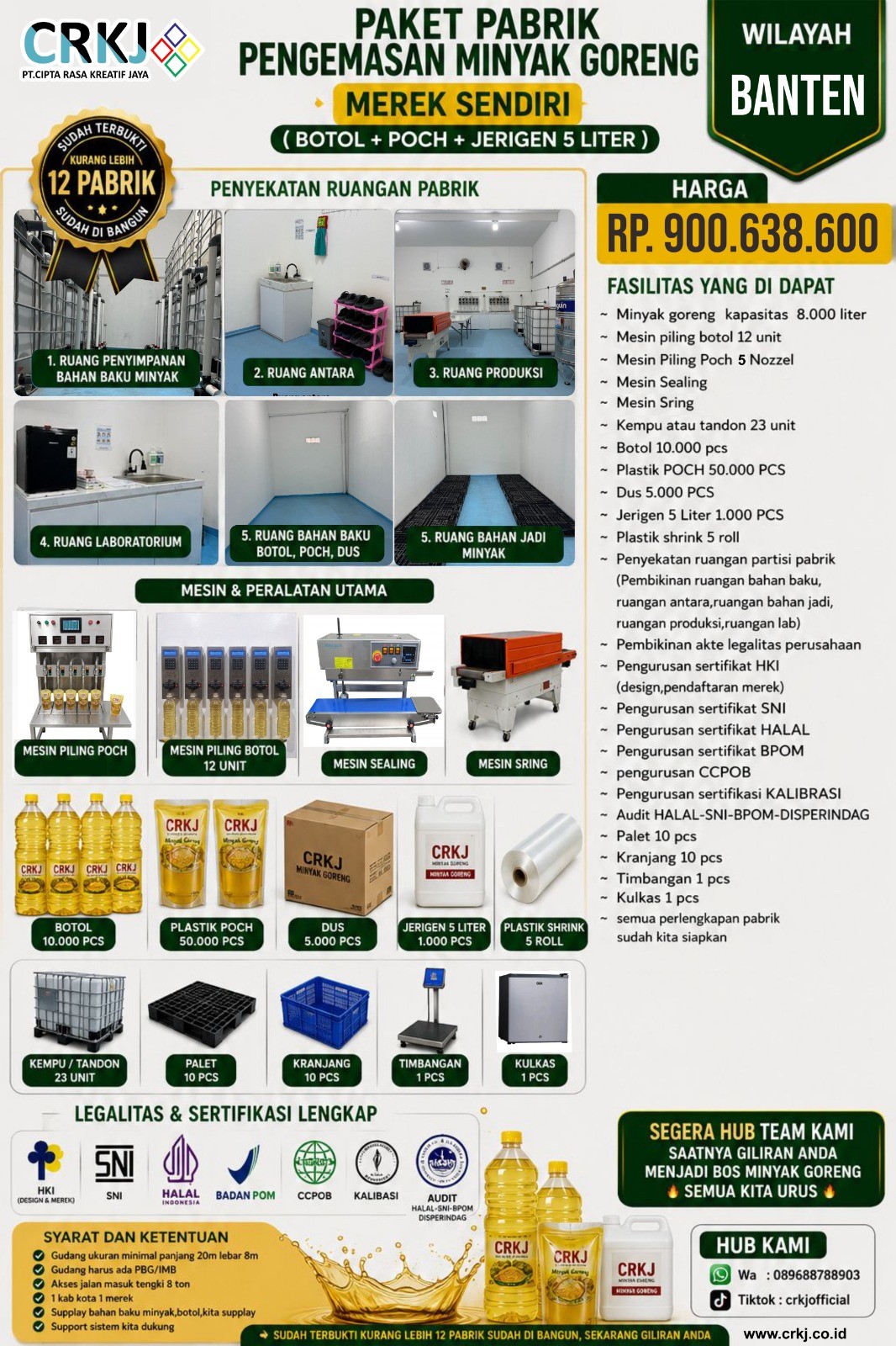 PAKET PABRIK PENGEMASAN MINYAK GORENG MEREK SENDIRI (JENIS BOTOL,POCH,JERIGEN 5 LITER) WILAYAH BANTEN